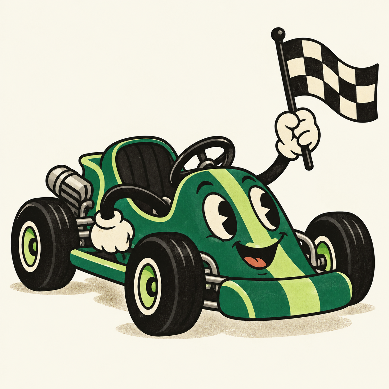 En smilende gokart med et racerflag i 1930’er-tegnefilmsstil