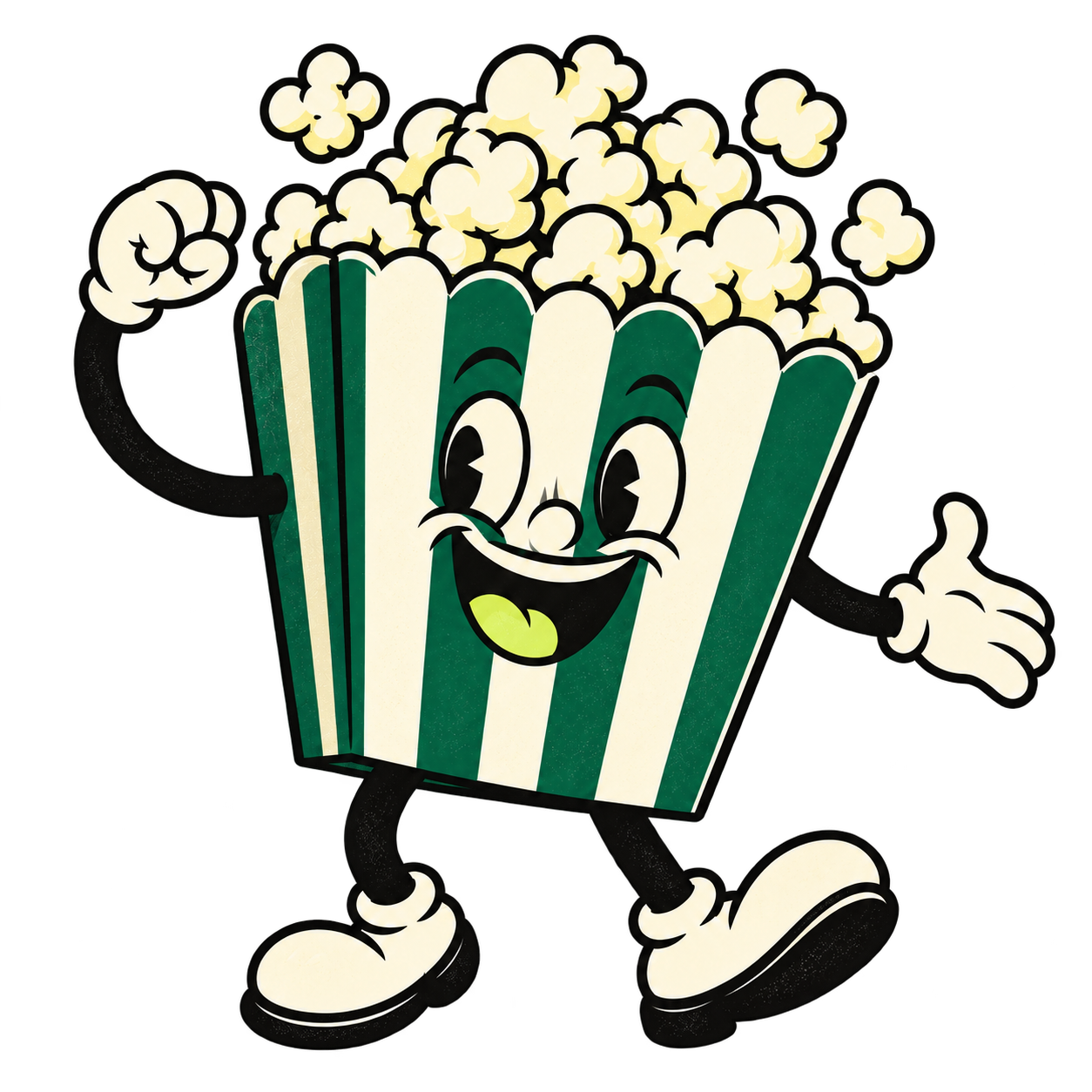 Et smilende popcornbæger i 1930’er-tegnefilmsstil